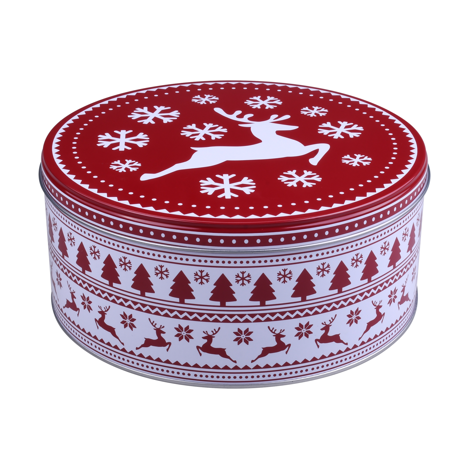 slide 1 of 3, December Home DH ROUND FOOD TIN 7.5" FAIR AISLE, 7.5 x 3.25 in