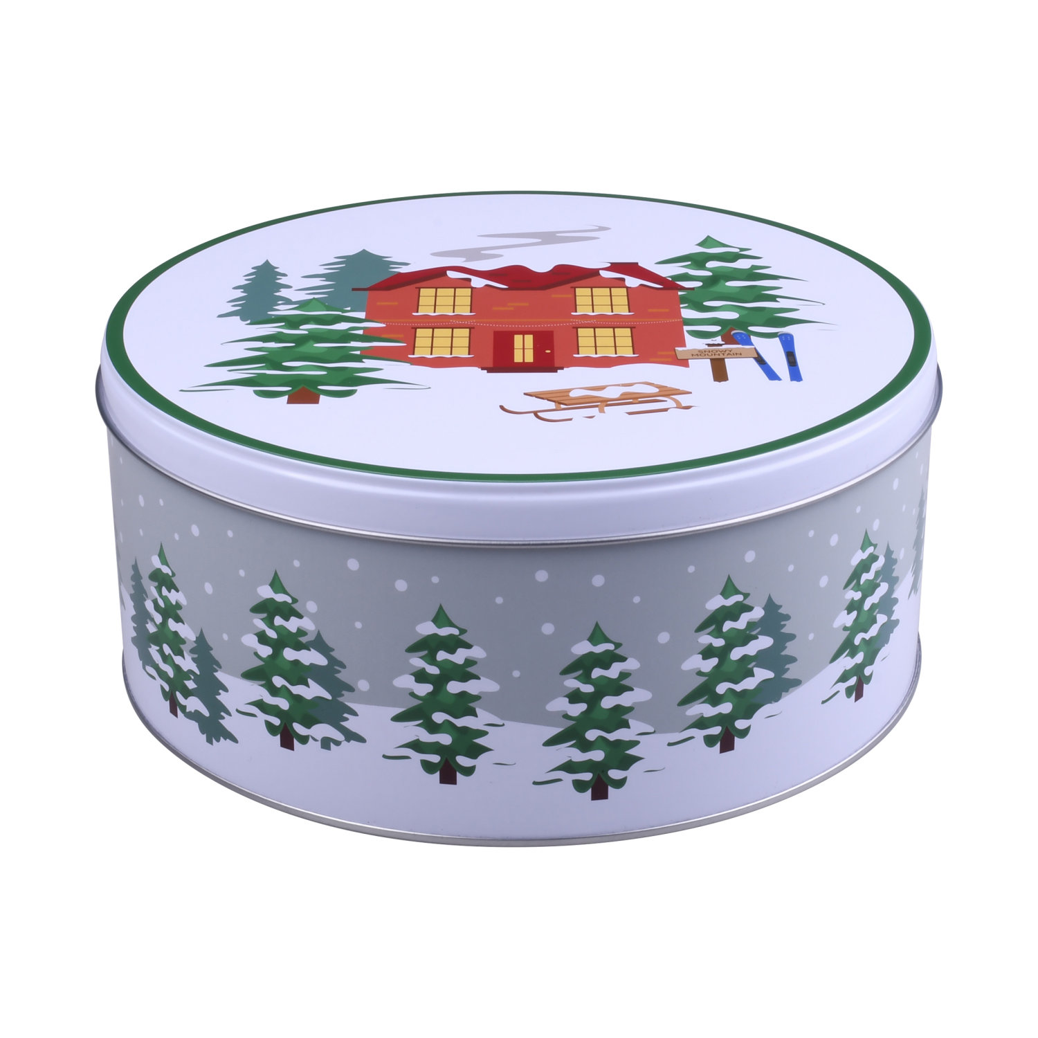 slide 1 of 3, December Home DH ROUND FOOD TIN 7.5" WINTER CABIN, 7.5 x 3.25 in