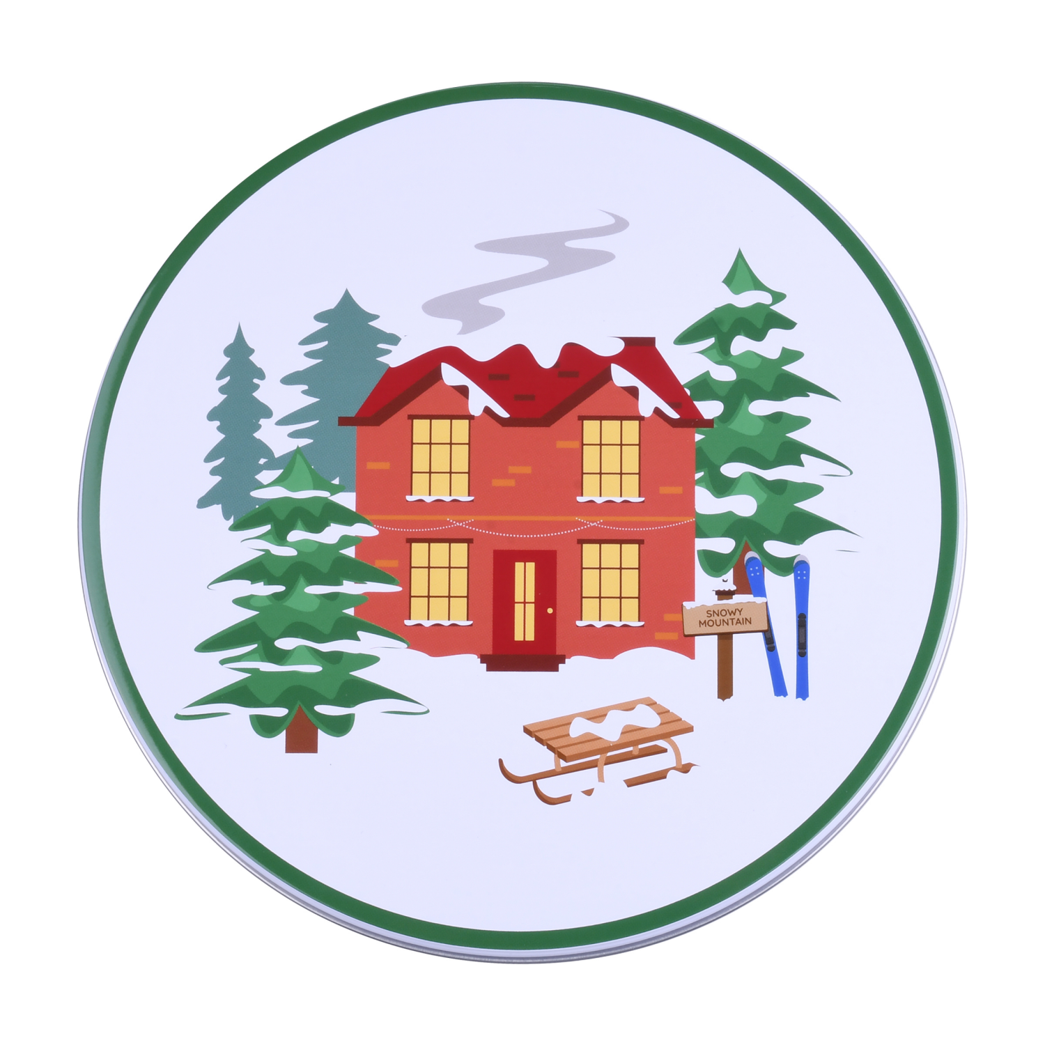 slide 3 of 3, December Home DH ROUND FOOD TIN 7.5" WINTER CABIN, 7.5 x 3.25 in