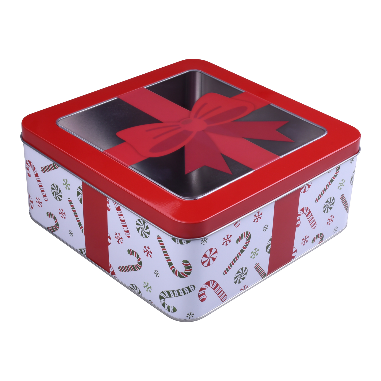 slide 3 of 4, December Home DH SQUARE FOOD TIN 7.5" BOW CANDY CANES, 7.5 x 3.25 in