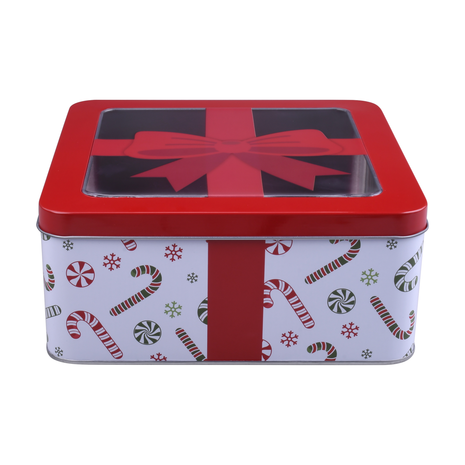slide 1 of 4, December Home DH SQUARE FOOD TIN 7.5" BOW CANDY CANES, 7.5 x 3.25 in