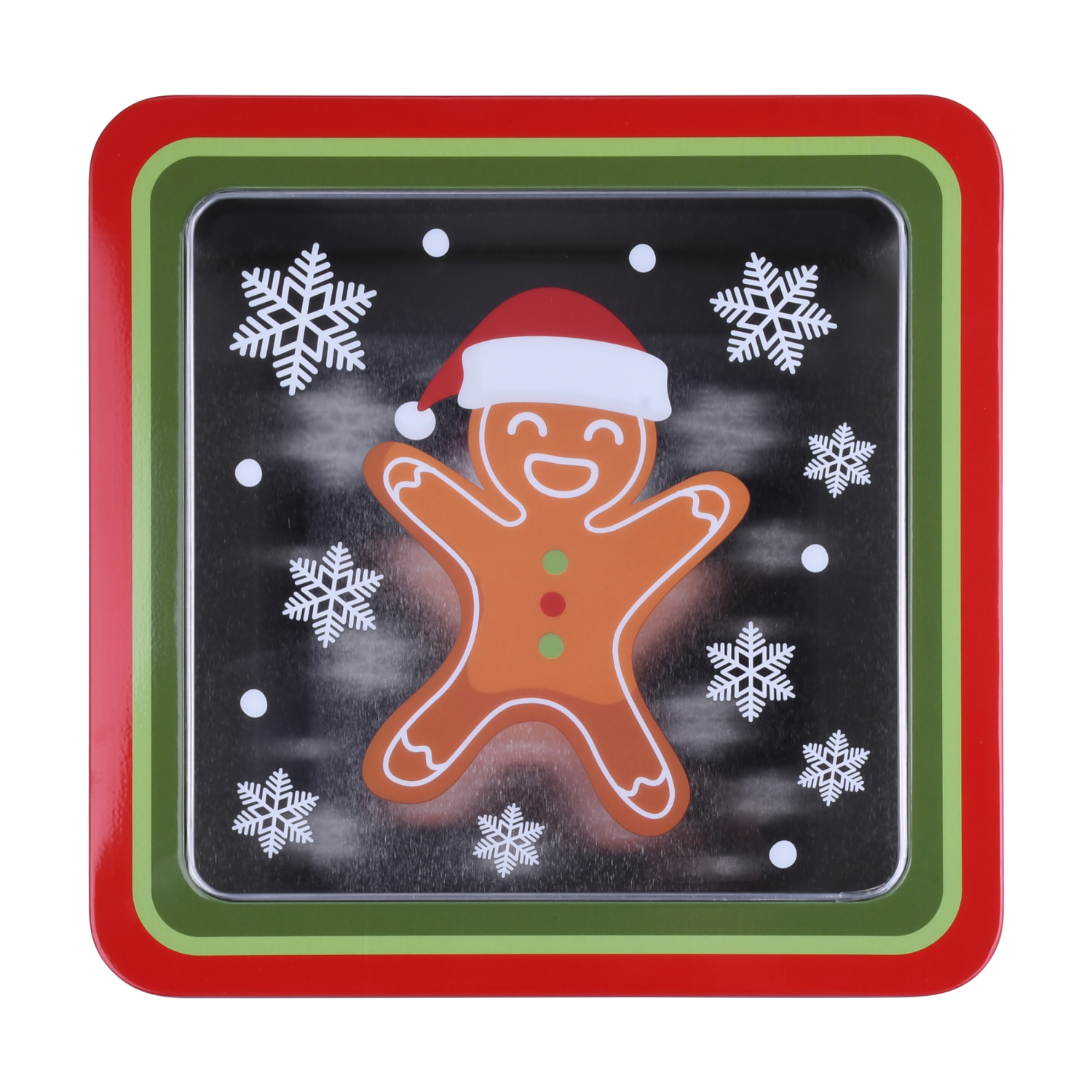 slide 4 of 4, December Home DH SQUARE FOOD TIN 7.5" GINGERBREAD, 7.5 x 3.25 in