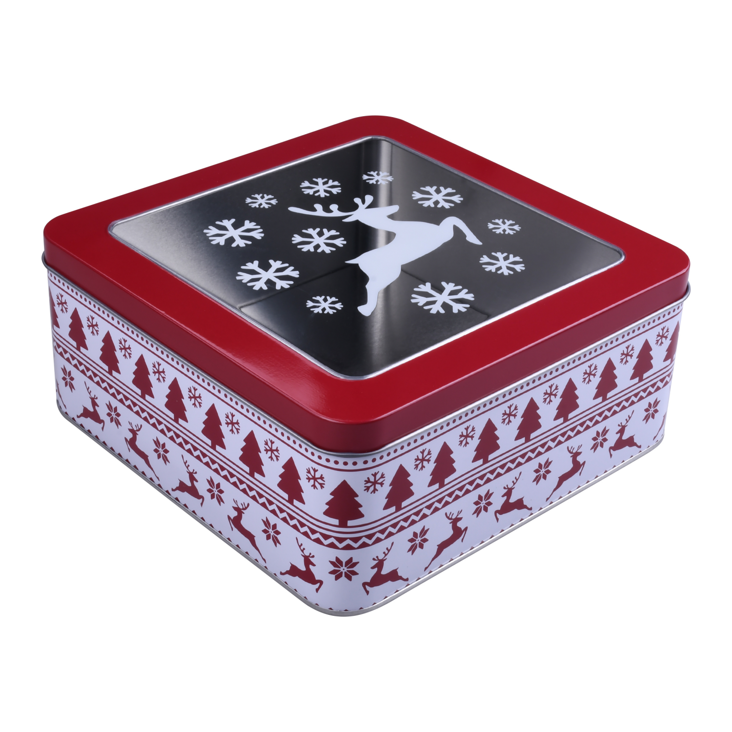 slide 3 of 4, December Home DH SQUARE FOOD TIN 7.5" BOW FAIR AISLE, 7.5 x 3.25 in