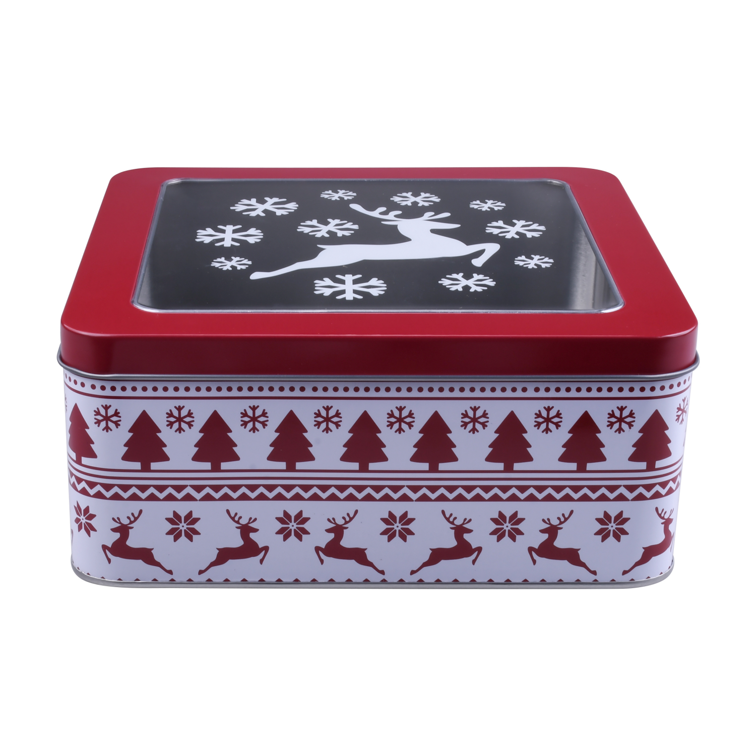 slide 1 of 4, December Home DH SQUARE FOOD TIN 7.5" BOW FAIR AISLE, 7.5 x 3.25 in