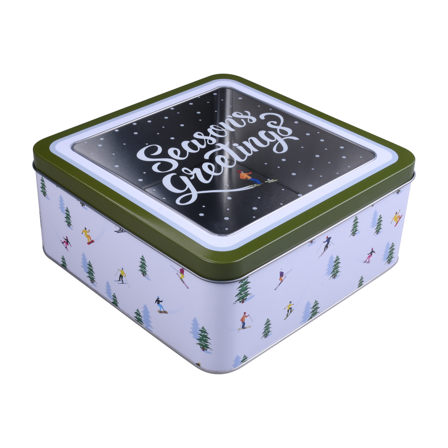 slide 3 of 4, December Home DH SQUARE FOOD TIN 7.5" SKI MOUNTAIN, 7.5 x 3.25 in