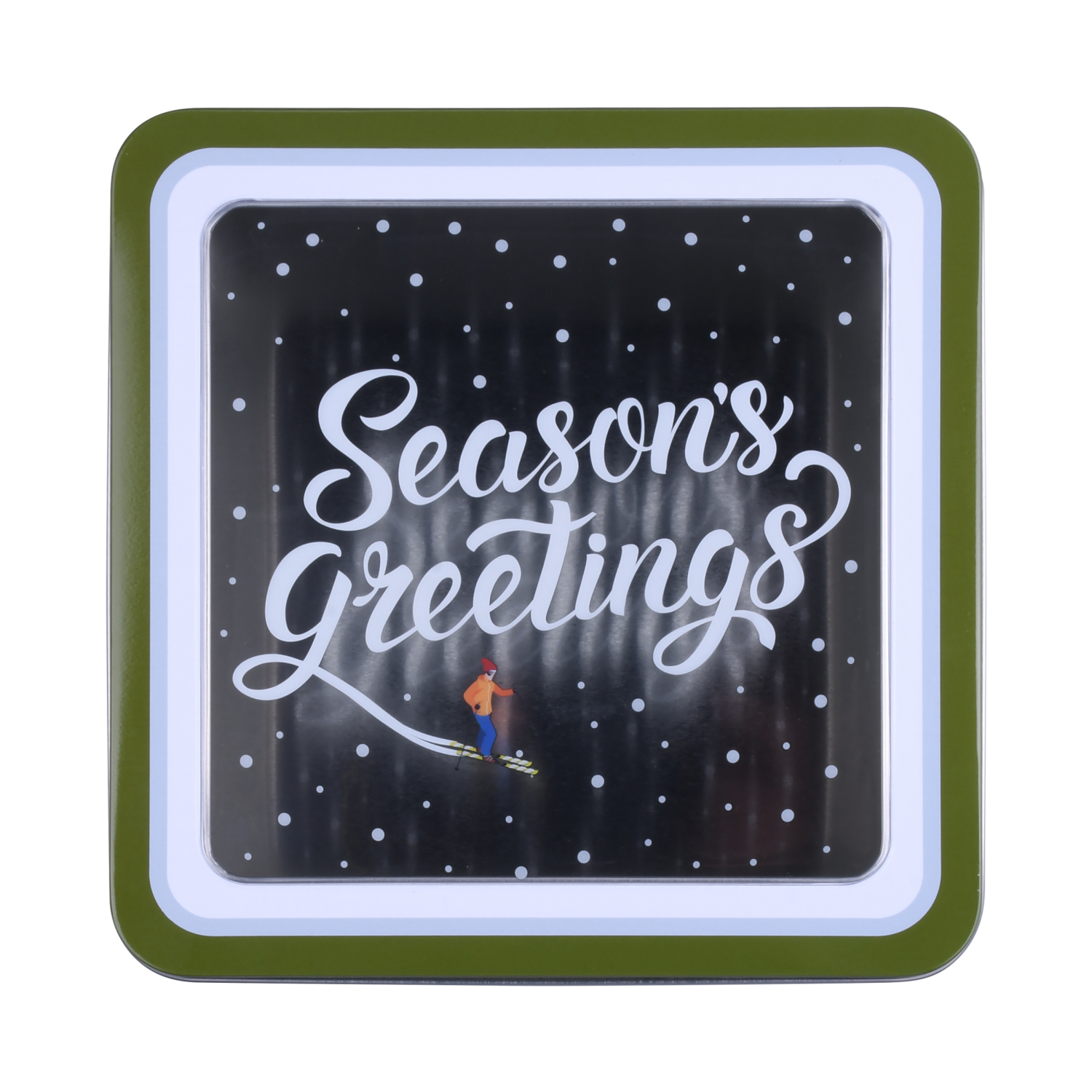 slide 4 of 4, December Home DH SQUARE FOOD TIN 7.5" SKI MOUNTAIN, 7.5 x 3.25 in