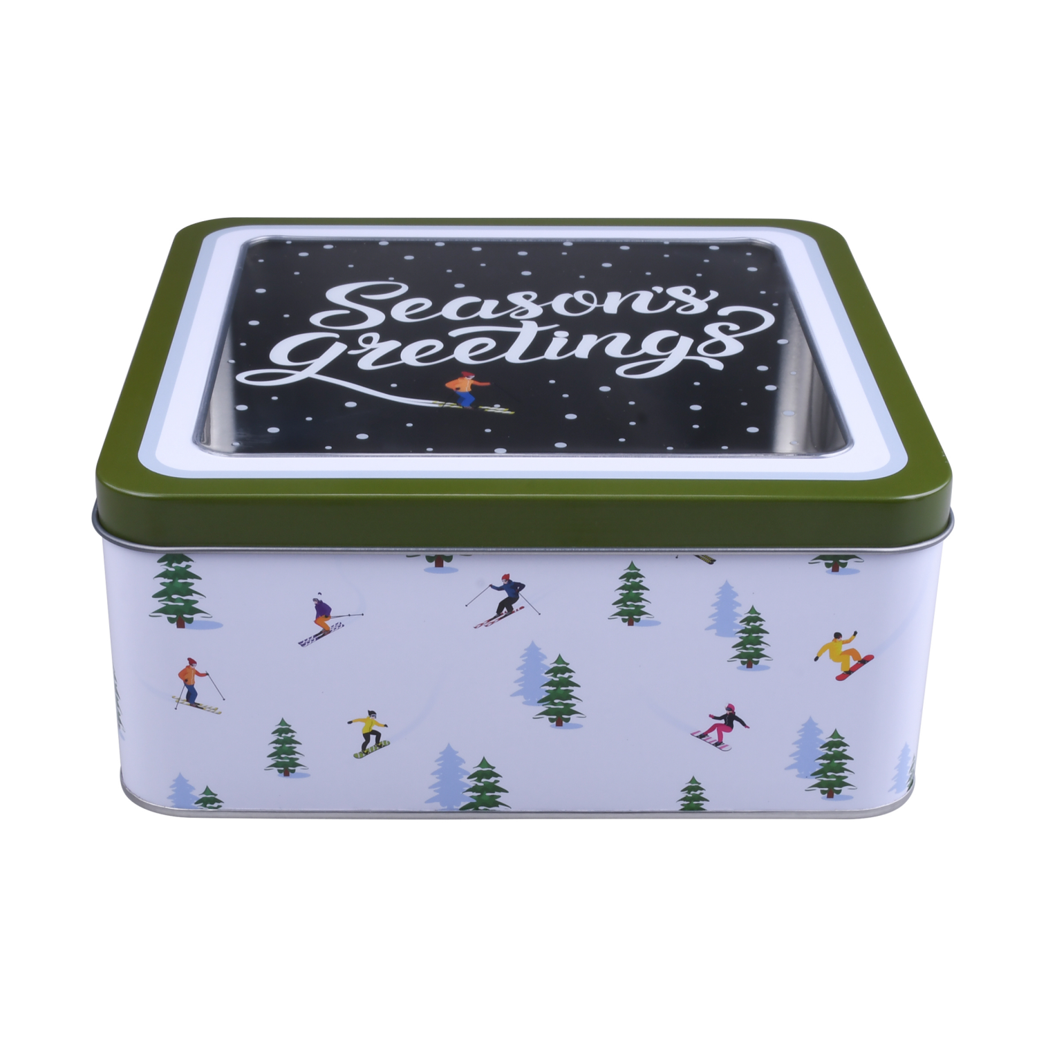 slide 1 of 4, December Home DH SQUARE FOOD TIN 7.5" SKI MOUNTAIN, 7.5 x 3.25 in