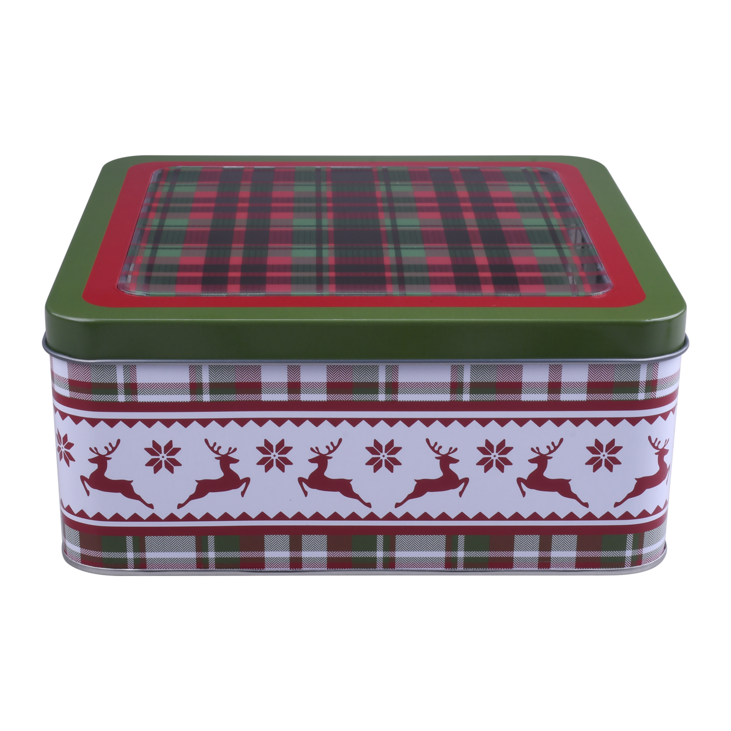 slide 1 of 4, December Home DH SQUARE FOOD TIN 7.5" PLAID, 7.5 x 3.25 in