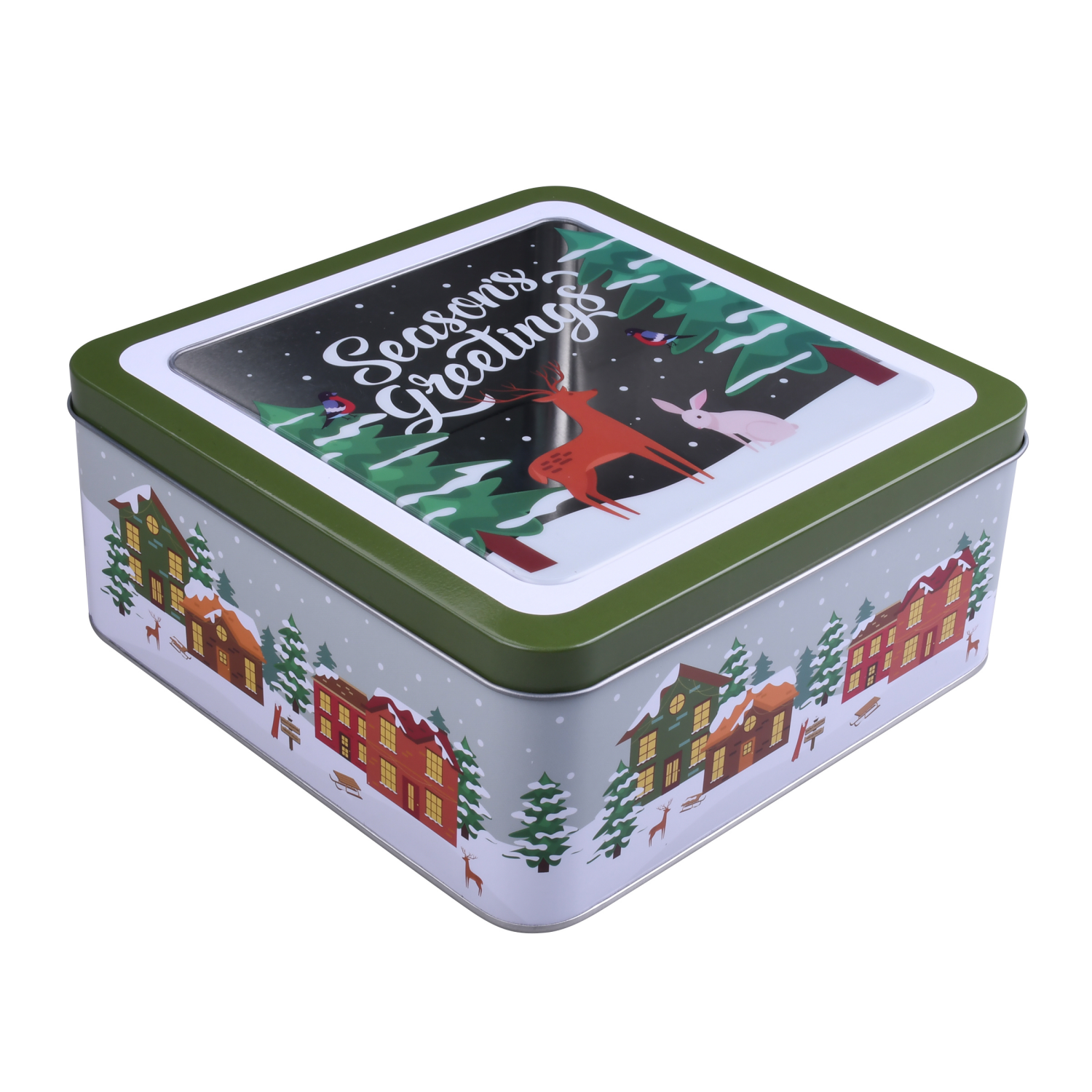 slide 3 of 4, December Home DH SQUARE FOOD TIN 7.5" WINTER CABIN, 7.5 x 3.25 in