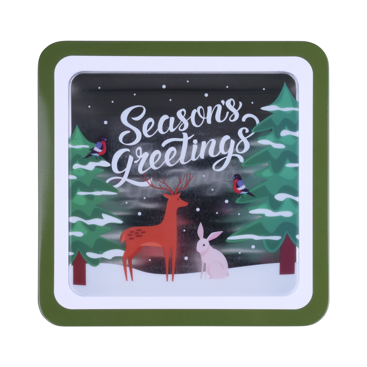 slide 4 of 4, December Home DH SQUARE FOOD TIN 7.5" WINTER CABIN, 7.5 x 3.25 in