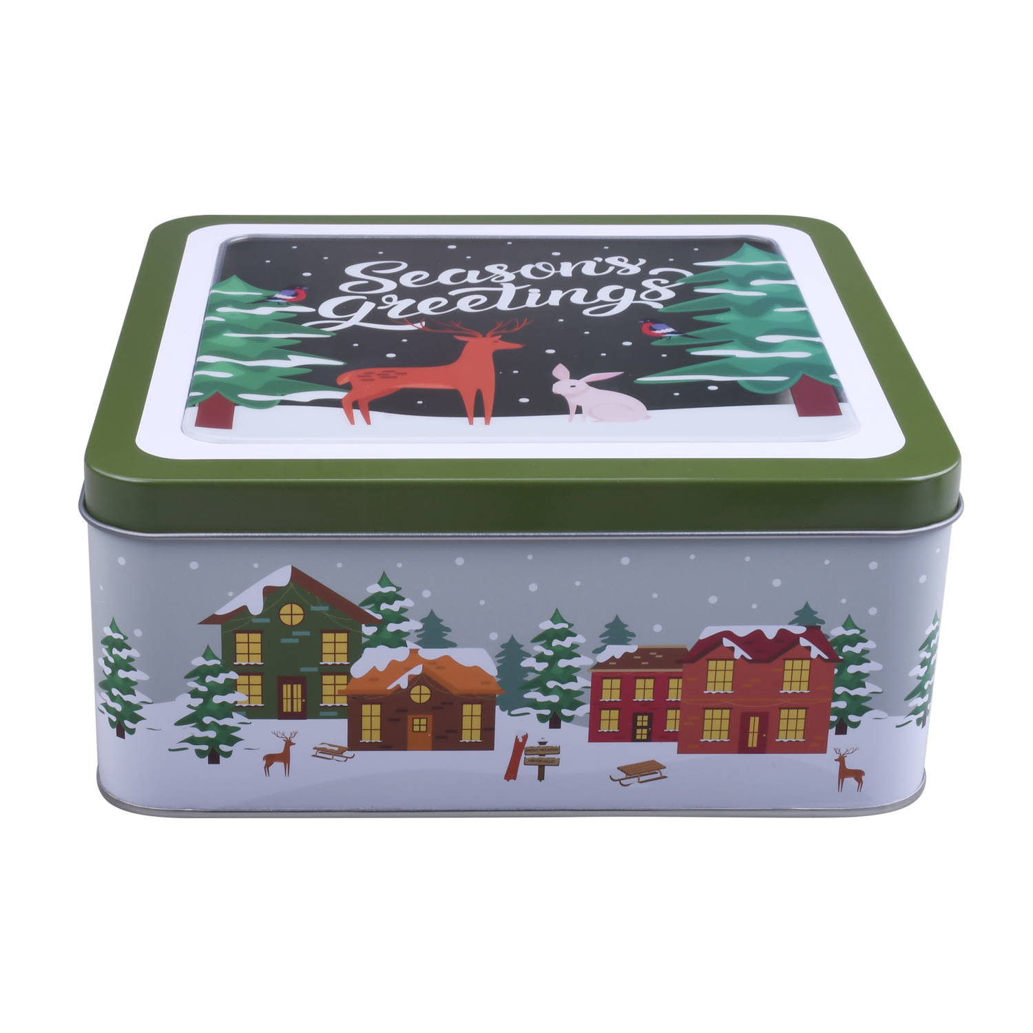 slide 1 of 4, December Home DH SQUARE FOOD TIN 7.5" WINTER CABIN, 7.5 x 3.25 in