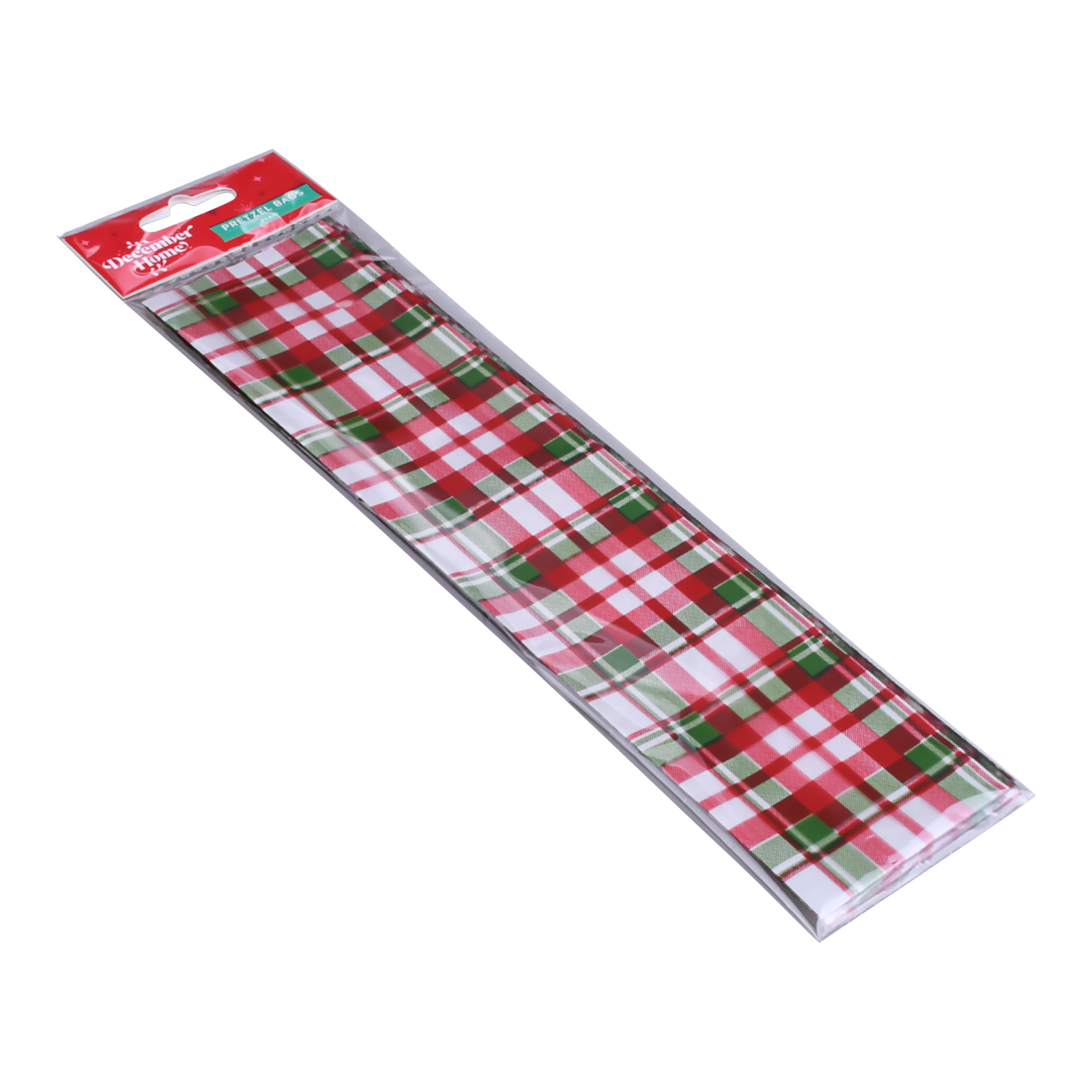 slide 3 of 3, December Home DH CELLOPHANE PRETZEL BAG 20CT PLAID, 20 ct
