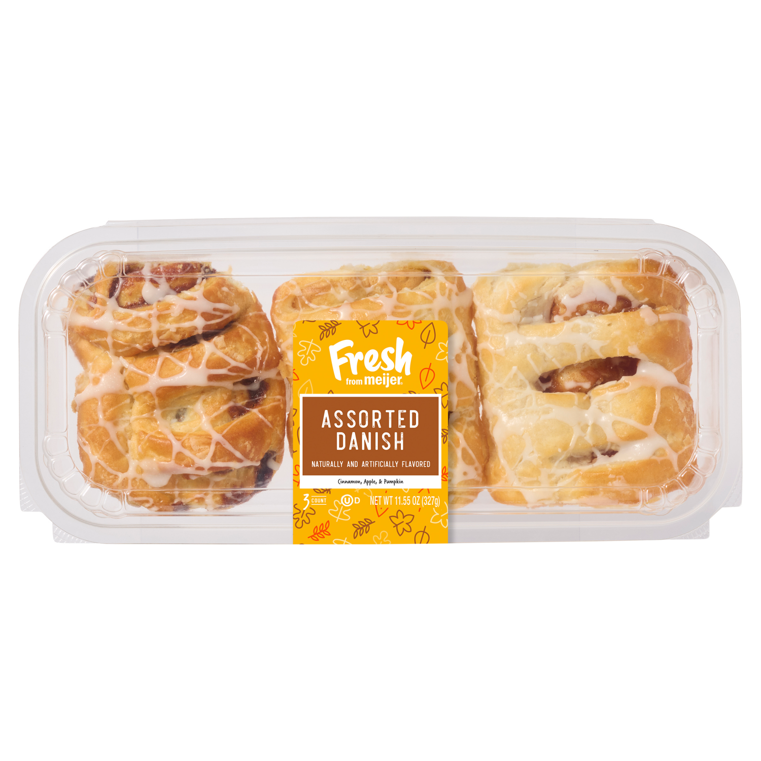 slide 1 of 4, Fresh From Meijer Danish Cinnamon, Apple, Pumpkin 3 Count, 11.55 oz, 3 ct, 11.55 oz