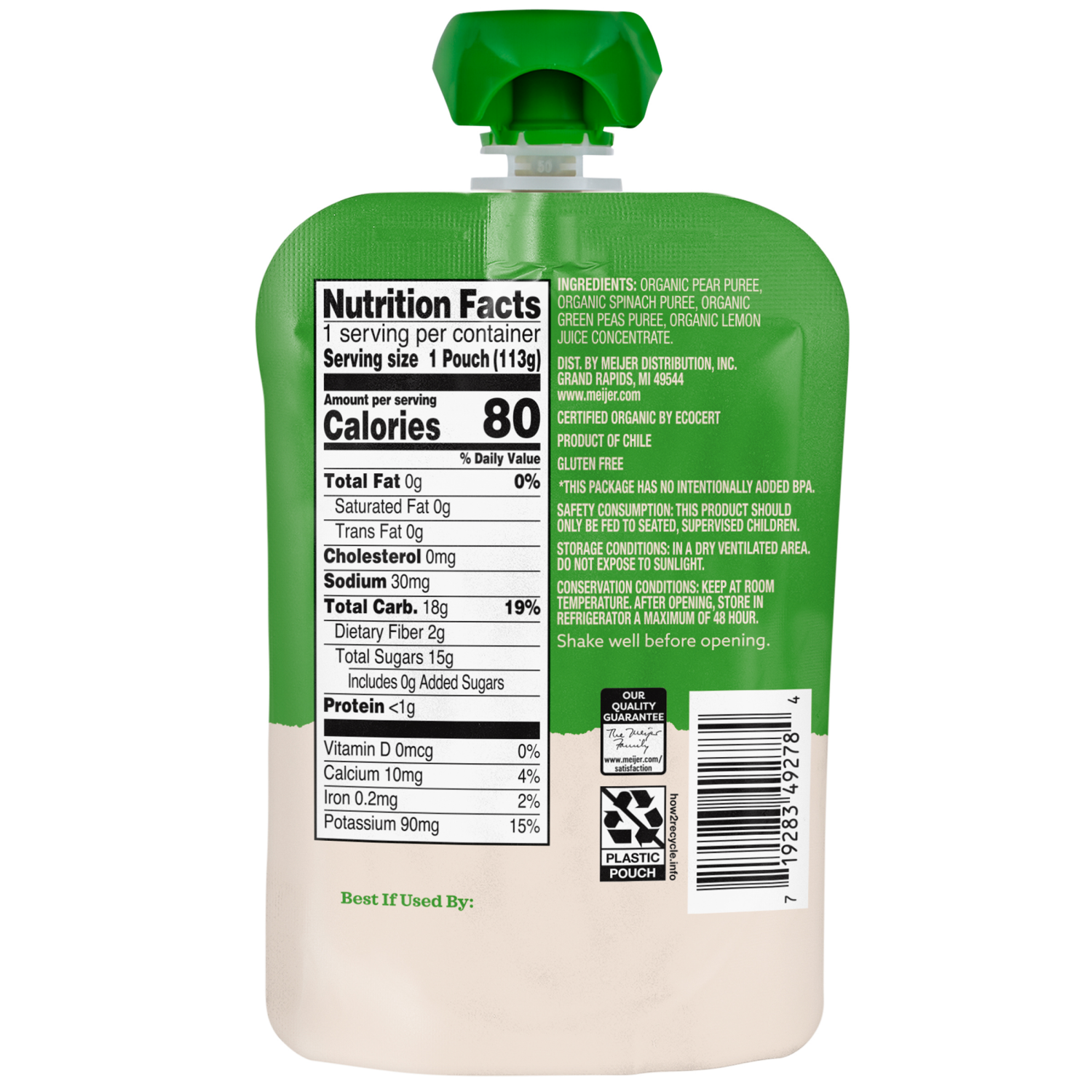 slide 2 of 2, True Goodness Organic Pear, Spinach and Pea Baby Food Pouch, 4 oz