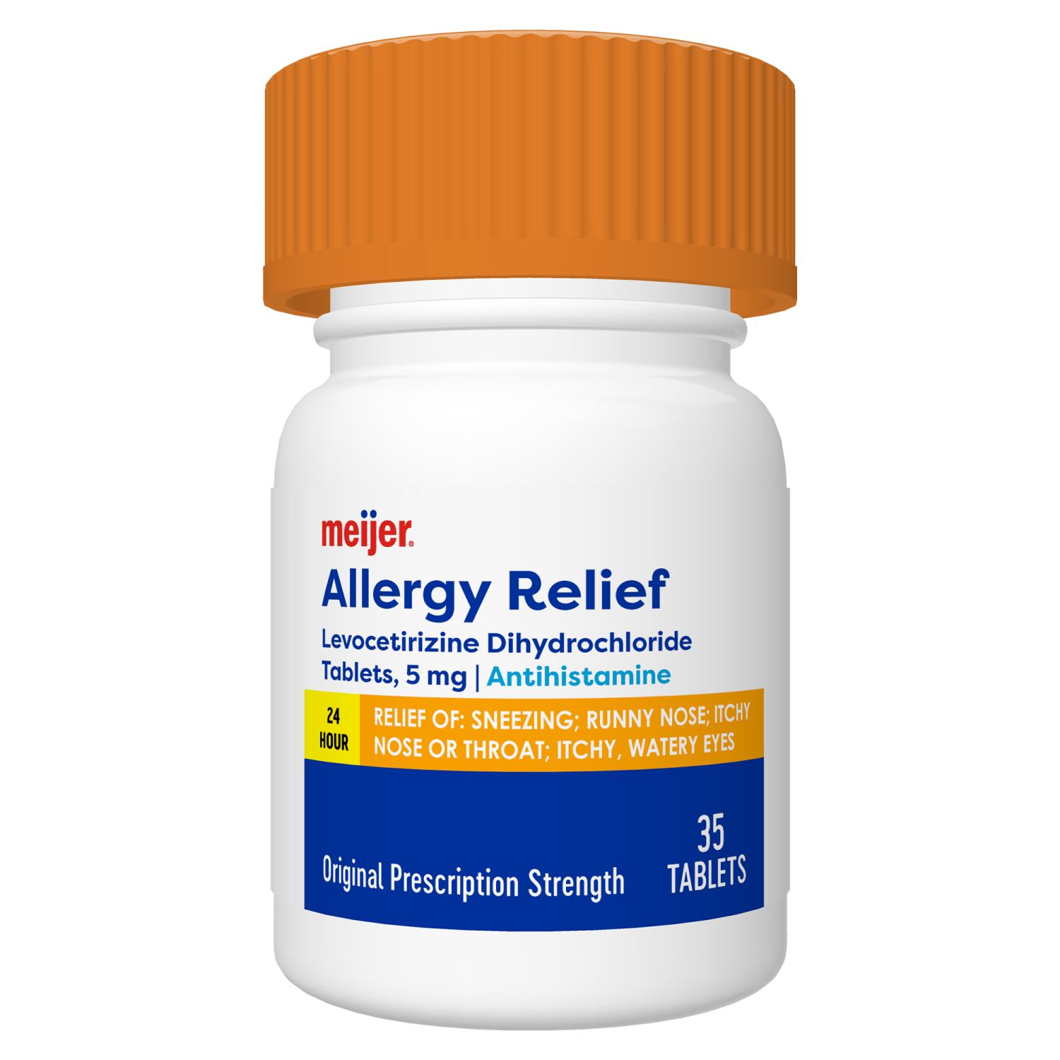 slide 4 of 7, Meijer Levocetirizine Dihydrochloride Tablets, 5 mg, All Day Allergy Relief, 35 ct, 5 mg, 35 ct