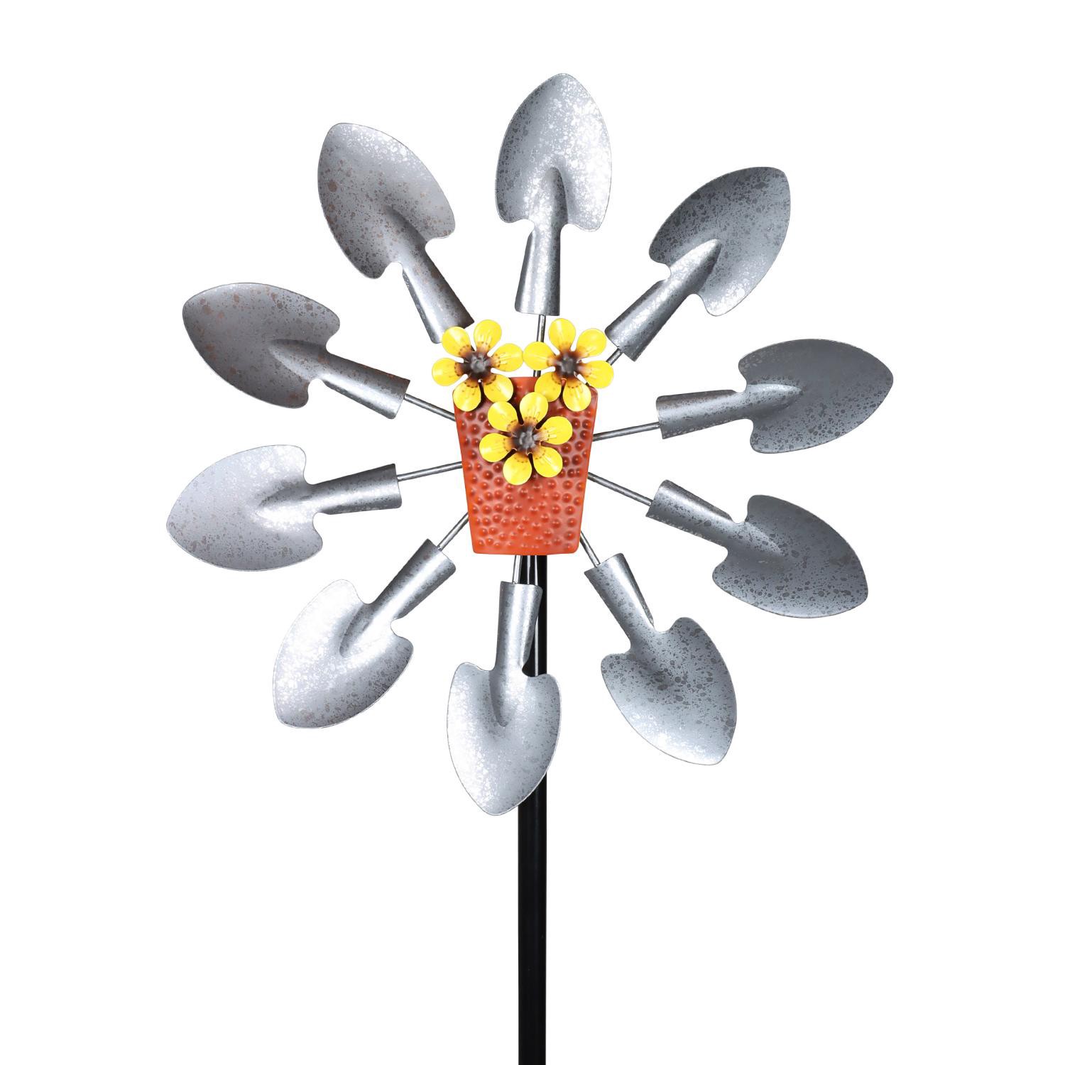 slide 1 of 2, 12 Inch Galvanized Spade Shovel Single Spinner W Pot Of Yellow Flowers Garden Stake, 59.5 inh