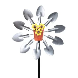 12 Inch Galvanized Spade Shovel Single Spinner W Pot Of Yellow Flowers Garden Stake