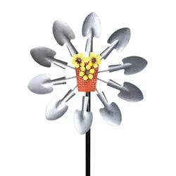 12 Inch Galvanized Spade Shovel Single Spinner W Pot Of Yellow Flowers Garden Stake