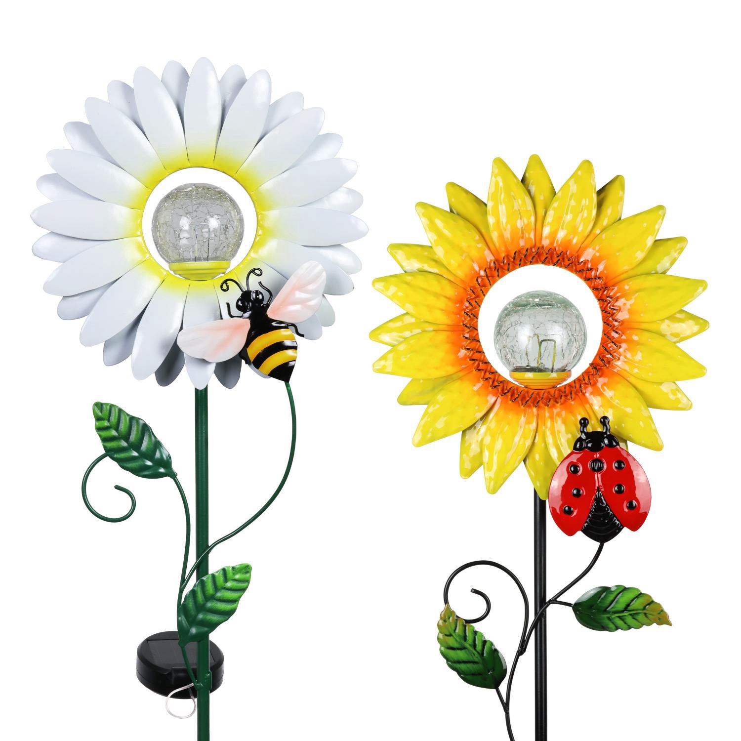 slide 1 of 3, Solar Daisy W Bee And Sunflower W Ladybug W Crackle Ball Garden Stake, 36.5 inh