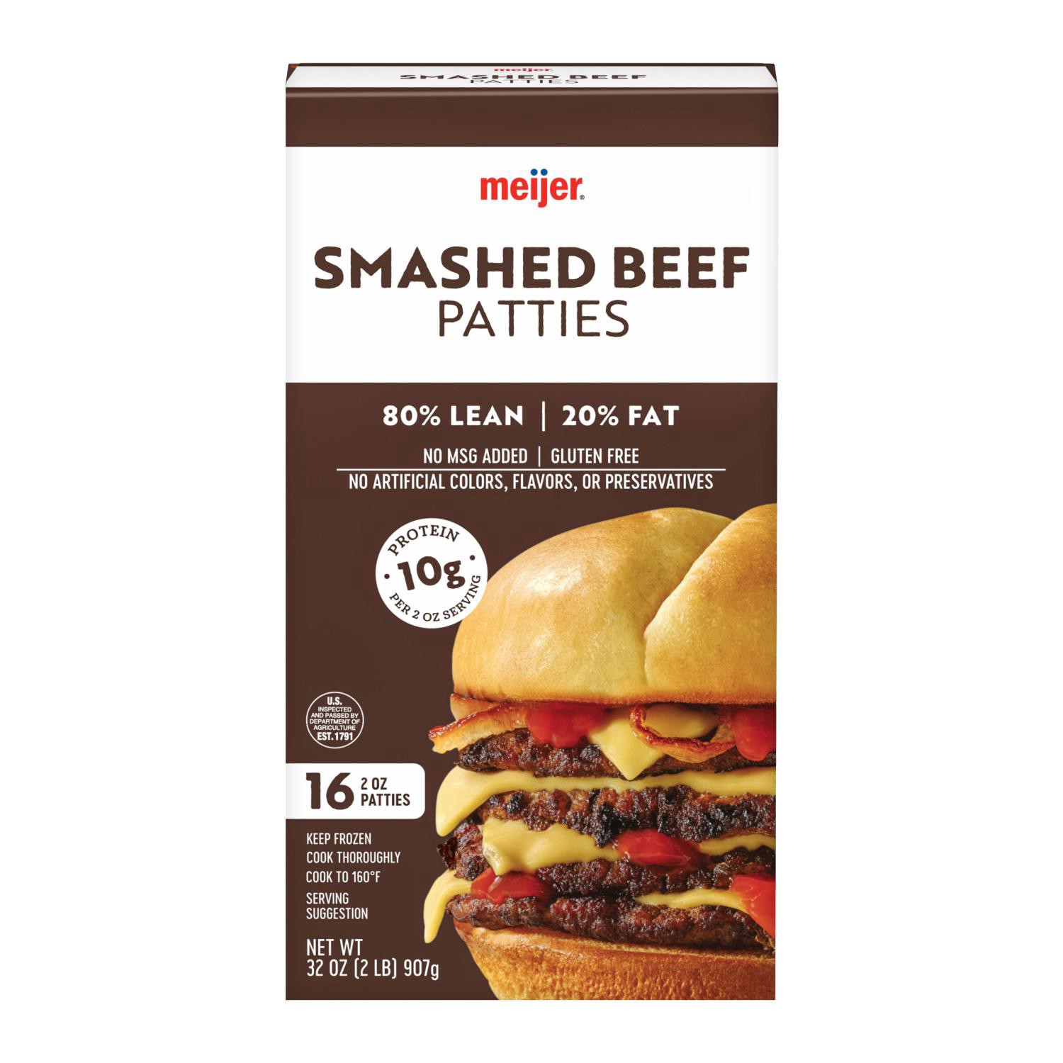 slide 1 of 6, Meijer Frozen 80/20 Smashed Beef Burger Patties, 32 Oz, 32 oz
