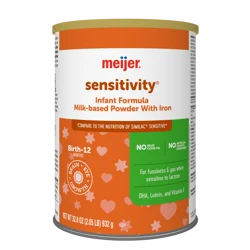 Meijer Sensitivity Infant Formula Milk-Based Powder With Iron; For Fussiness And Gas When Sensitive To Lactose; Dha, Vitamin E And Lutein; No Artificial Growth Hormones, 32.9oz