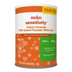 Meijer Sensitivity Infant Formula Milk-Based Powder With Iron; For Fussiness And Gas When Sensitive To Lactose; Dha, Vitamin E And Lutein; No Artificial Growth Hormones, 32.9oz