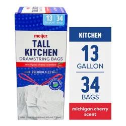 Meijer Tall Kitchen Drawstring Trash Bags, Michigan Cherry Scented, 13 Gallon, 34 Ct