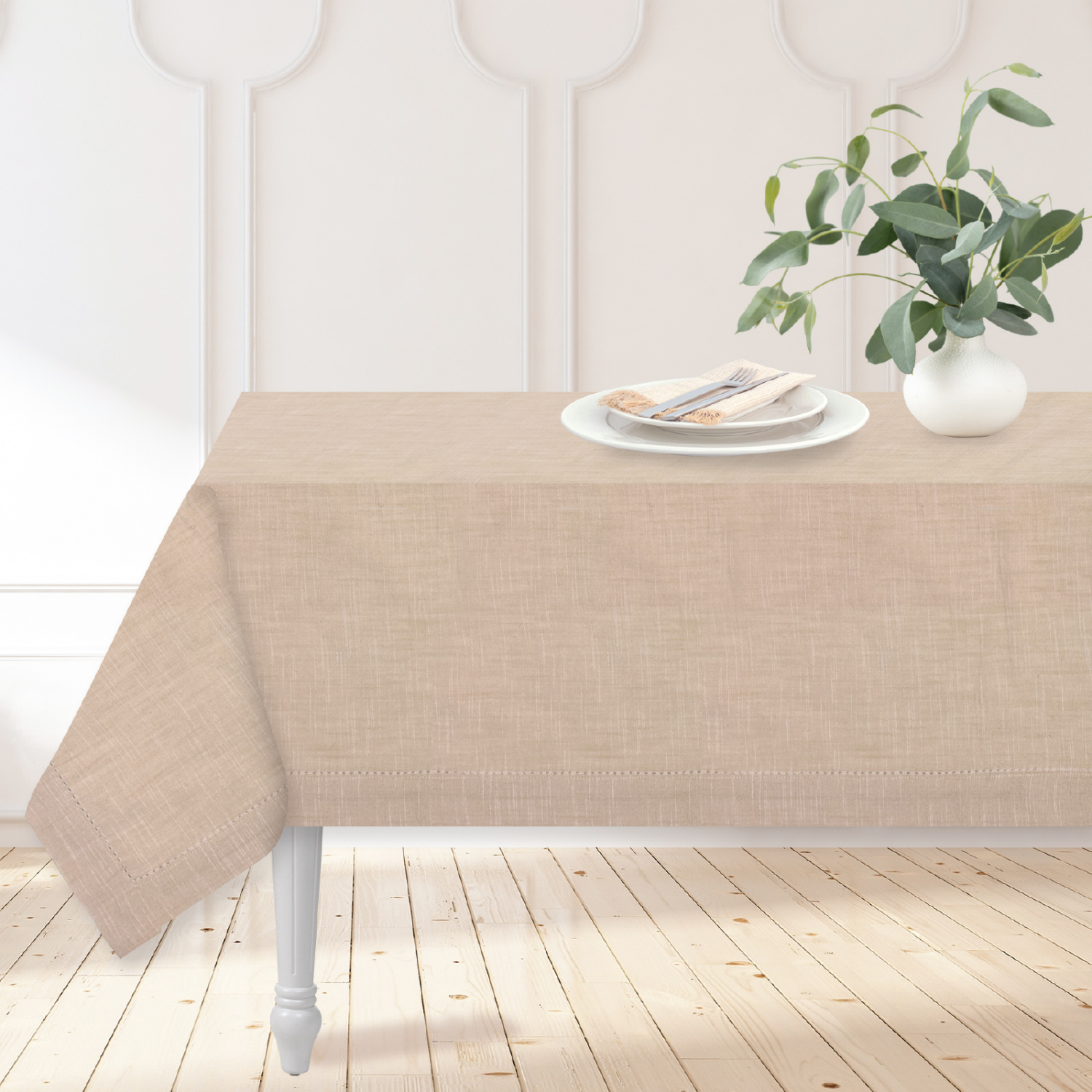 slide 1 of 2, Room & Retreat Lydia Hemstitch Yarn Dye Tablecloth, 60 in x 84 in, Ivory, 1 ct