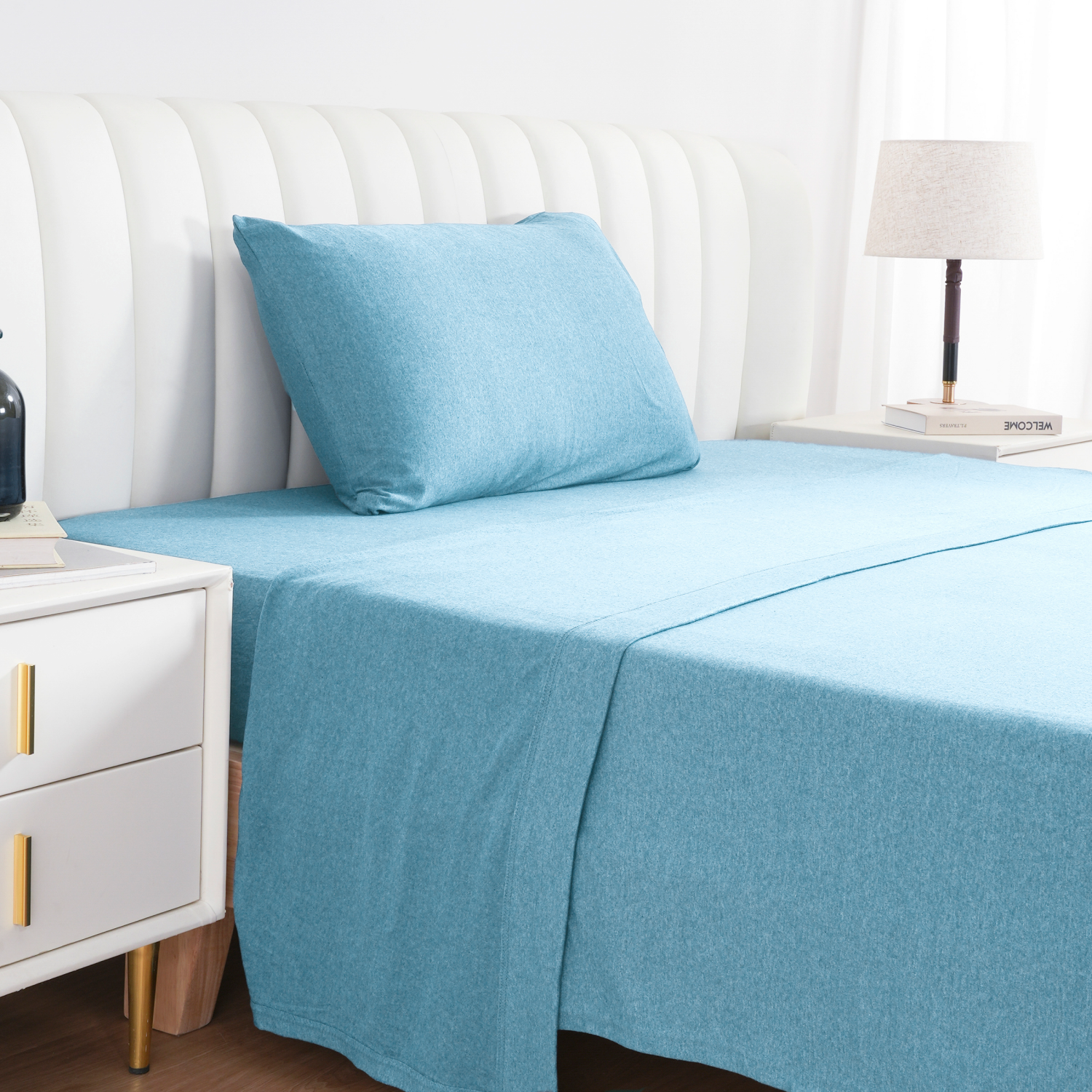 slide 5 of 5, Havenstay Jersey Knit Sheet Set, Twin XL, Blue, twinxlarge