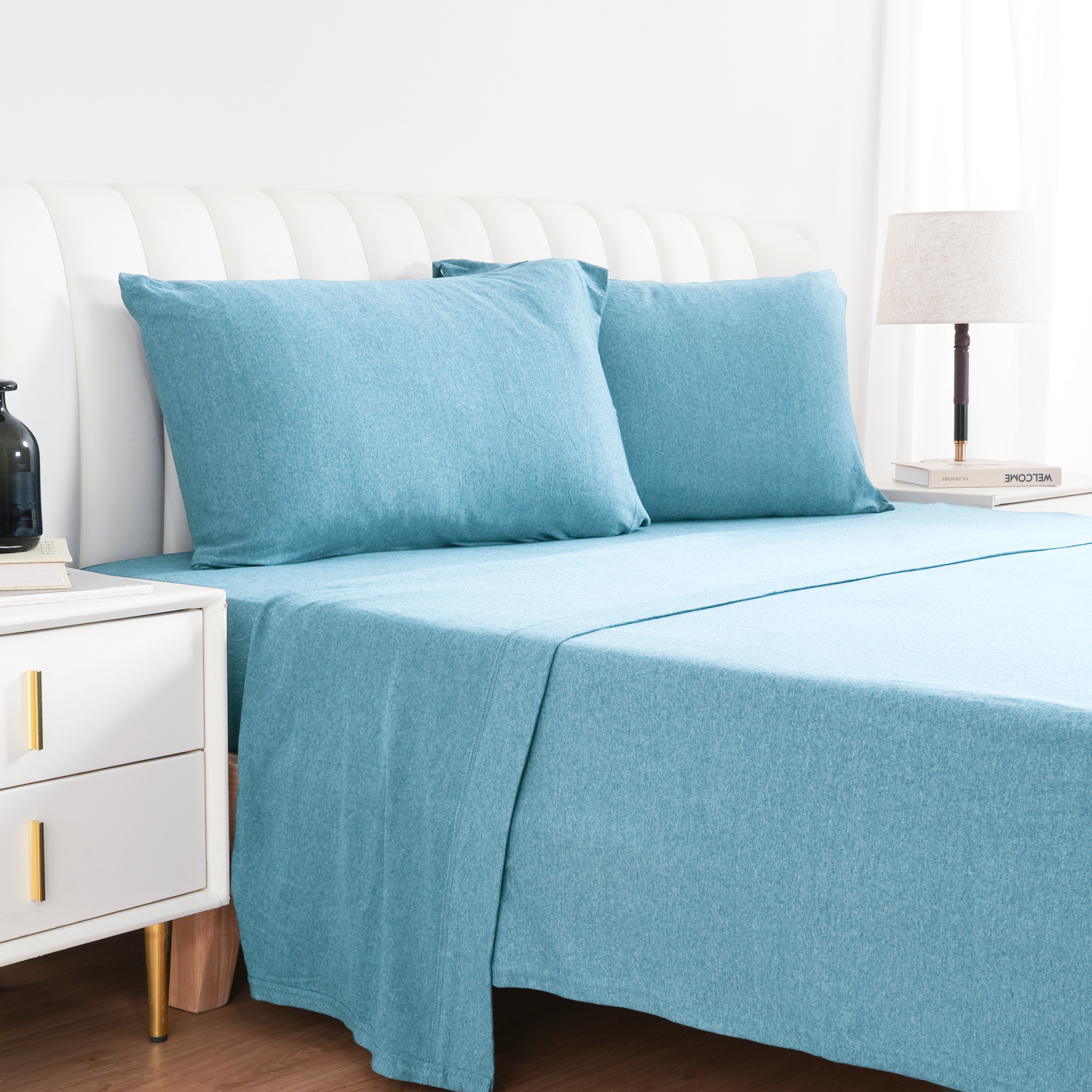 slide 5 of 5, Havenstay Jersey Knit Sheet Set, Full, Blue, Full Size