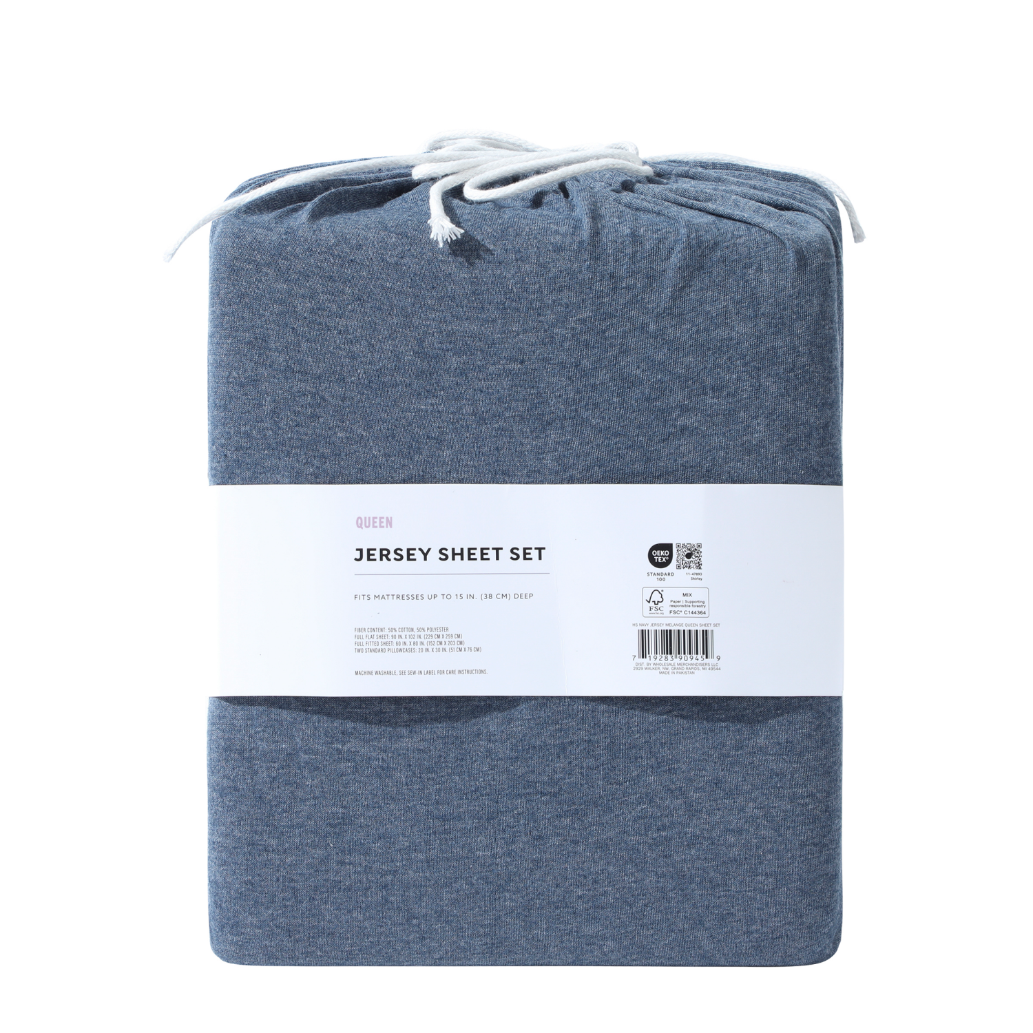 slide 3 of 5, Havenstay Jersey Knit Sheet Set, Queen, Melange Navy, Queen Size