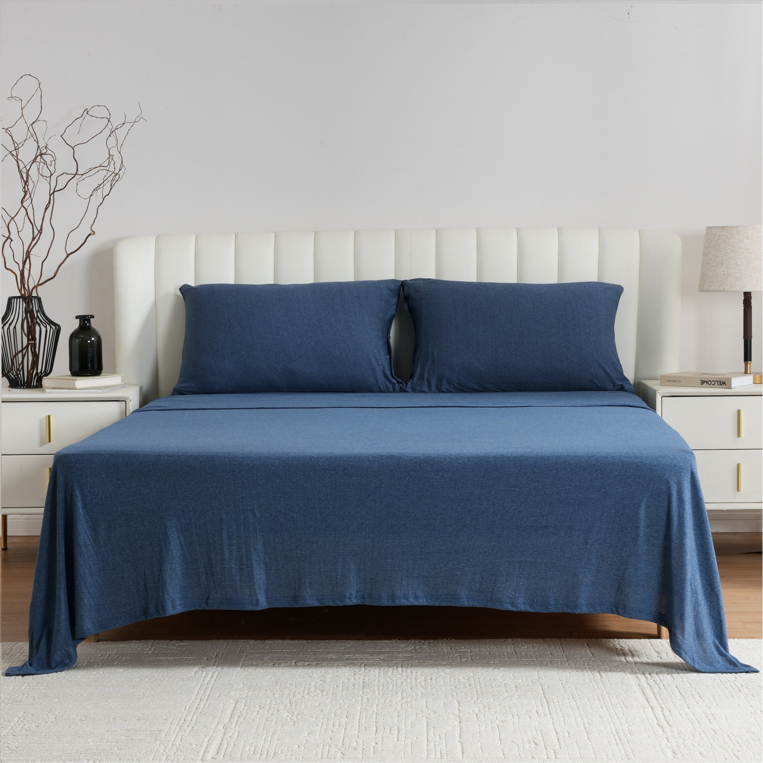 slide 4 of 5, Havenstay Jersey Knit Sheet Set, Queen, Melange Navy, Queen Size