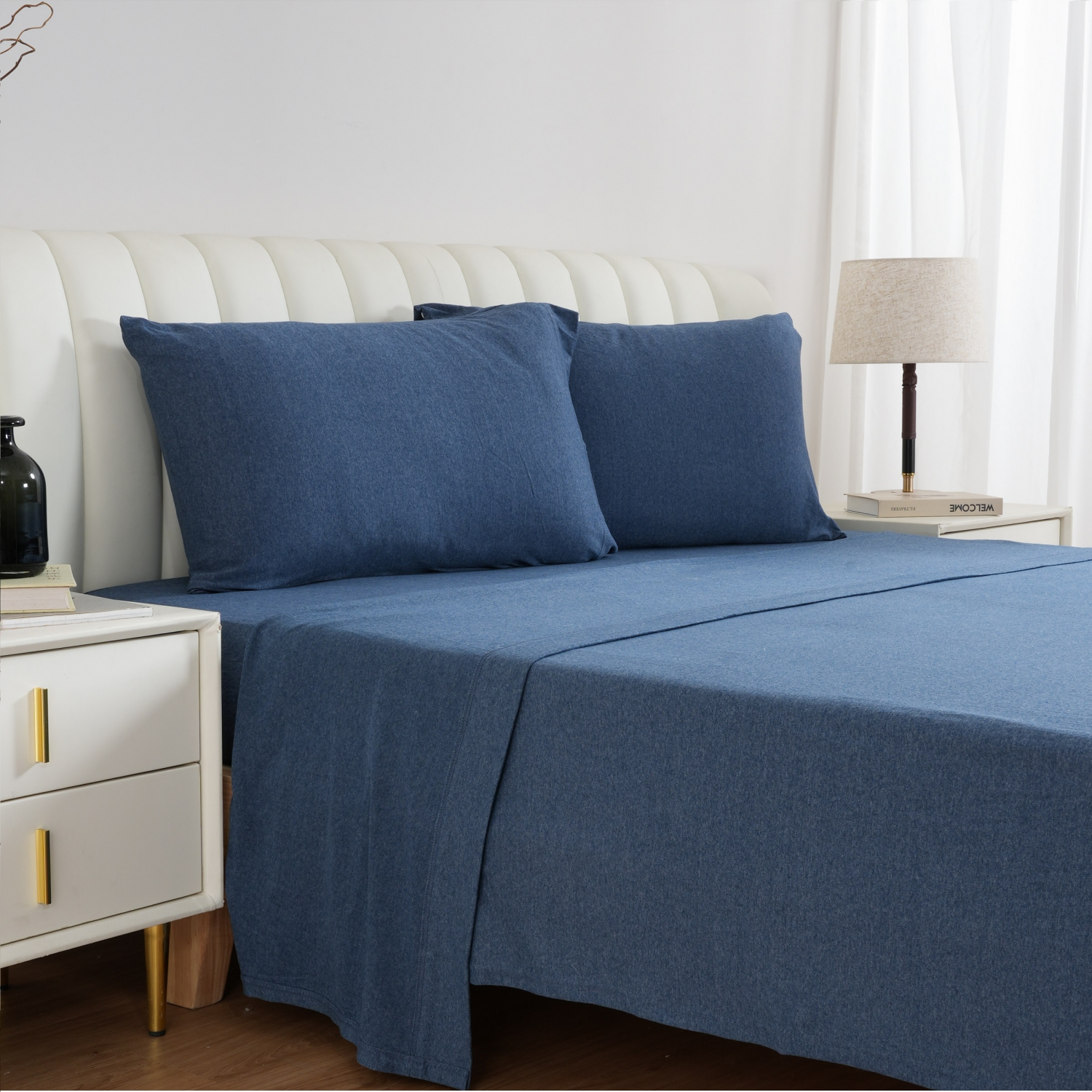 slide 5 of 5, Havenstay Jersey Knit Sheet Set, Queen, Melange Navy, Queen Size