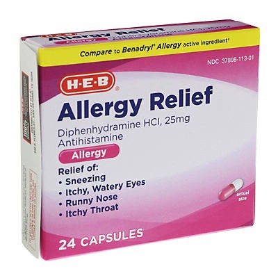 slide 1 of 1, H-E-B Antihistamine Allergy Diphenhydramine HCI 25 mg Capsules, 24 ct
