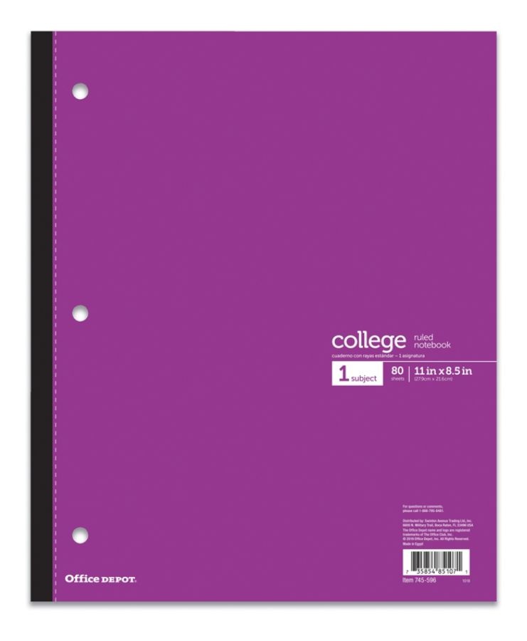 slide 4 of 7, Office Depot Brand Wireless Notebook, 9'' X 11'', 1 Subject, College Ruled, 80 Sheets, Assorted Colors, 80 ct