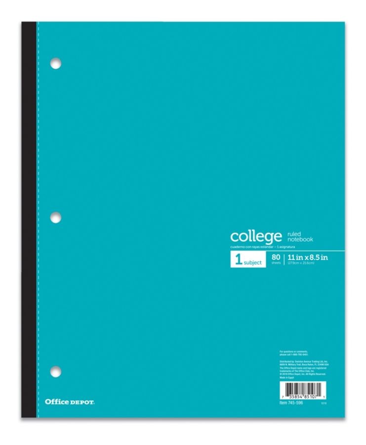 slide 7 of 7, Office Depot Brand Wireless Notebook, 9'' X 11'', 1 Subject, College Ruled, 80 Sheets, Assorted Colors, 80 ct