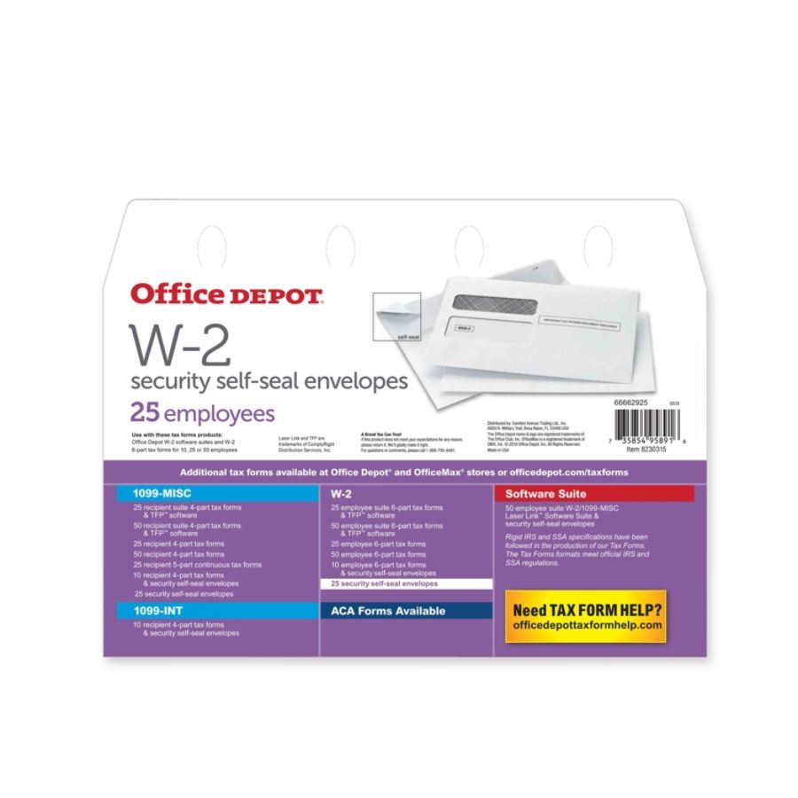 slide 2 of 2, Office Depot Brand Double-Window Self-Seal Envelopes For W-2 Tax Forms, White, 25 ct; 5 5/8 in x 9 in