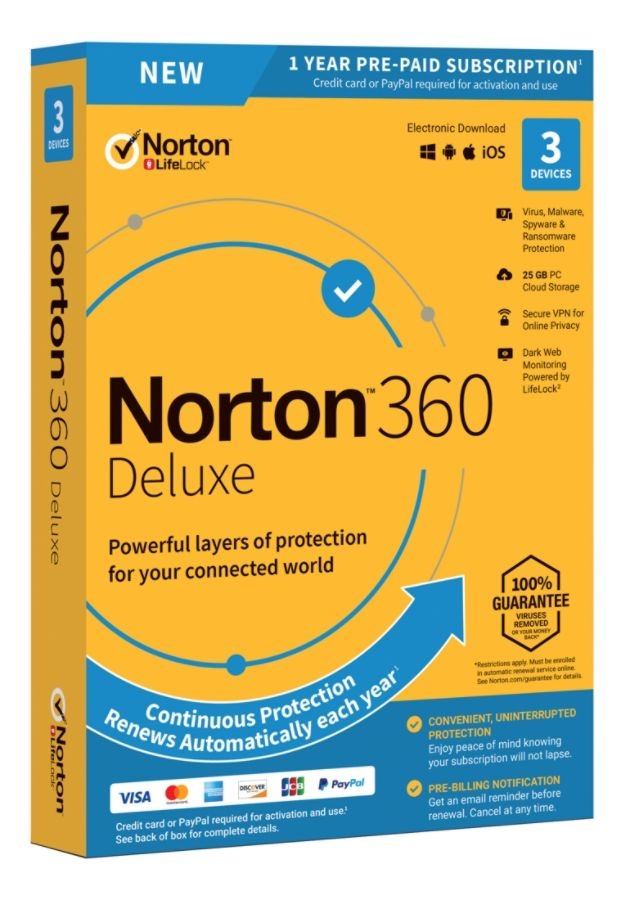 slide 4 of 4, Norton 360 Deluxe, For 3 Devices, 1-Year Subscription, Product Key Card, 1 ct