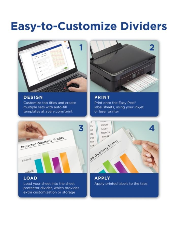 slide 8 of 10, Avery Print & Apply Clear Label Sheet Protector Dividers With Index Maker Easy Peel Printable Labels, 5-Tab Set, 1 ct