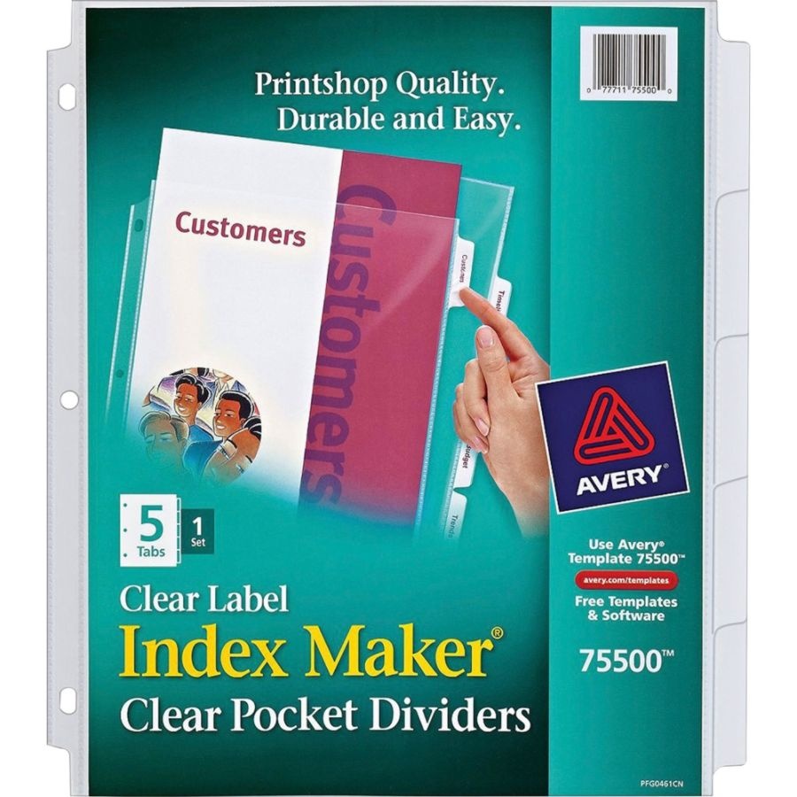 slide 3 of 10, Avery Print & Apply Clear Label Sheet Protector Dividers With Index Maker Easy Peel Printable Labels, 5-Tab Set, 1 ct