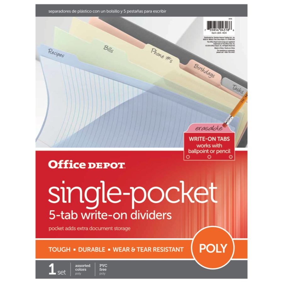 slide 2 of 2, Office Depot Brand Single-Pocket Write-On Dividers, 5 Tab, 8 1/2'' X 11'', Assorted Colors, 1 ct