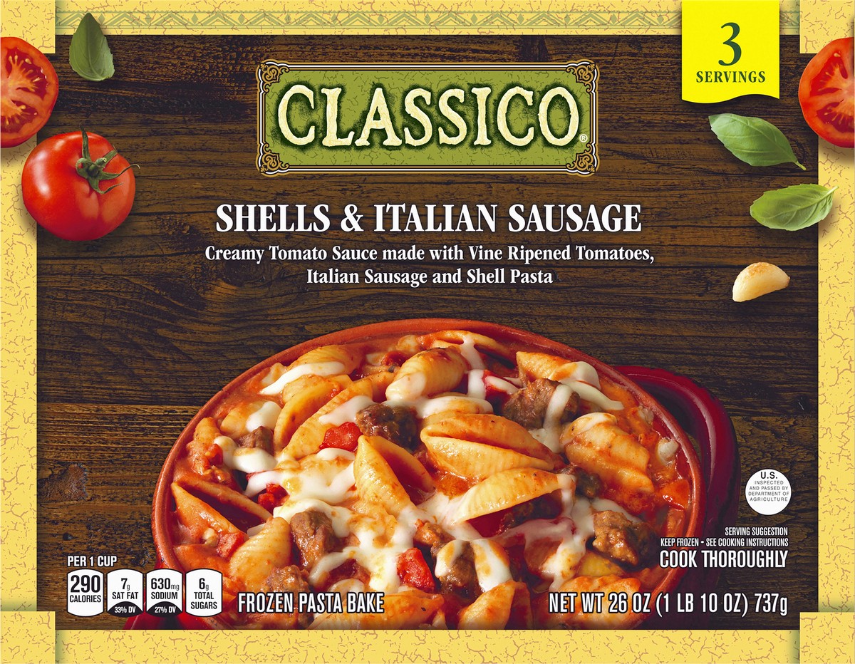 slide 3 of 14, Classico Shells & Italian Sausage Pasta Bake Multi-Serve Frozen Meal, 26 oz Box, 26 oz