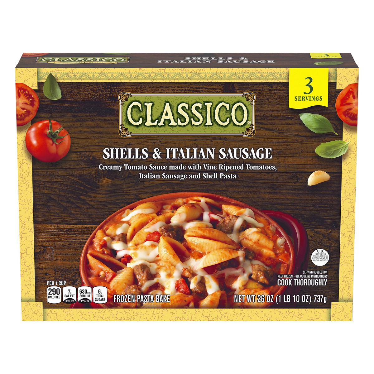 slide 14 of 14, Classico Shells & Italian Sausage Pasta Bake Multi-Serve Frozen Meal, 26 oz Box, 26 oz