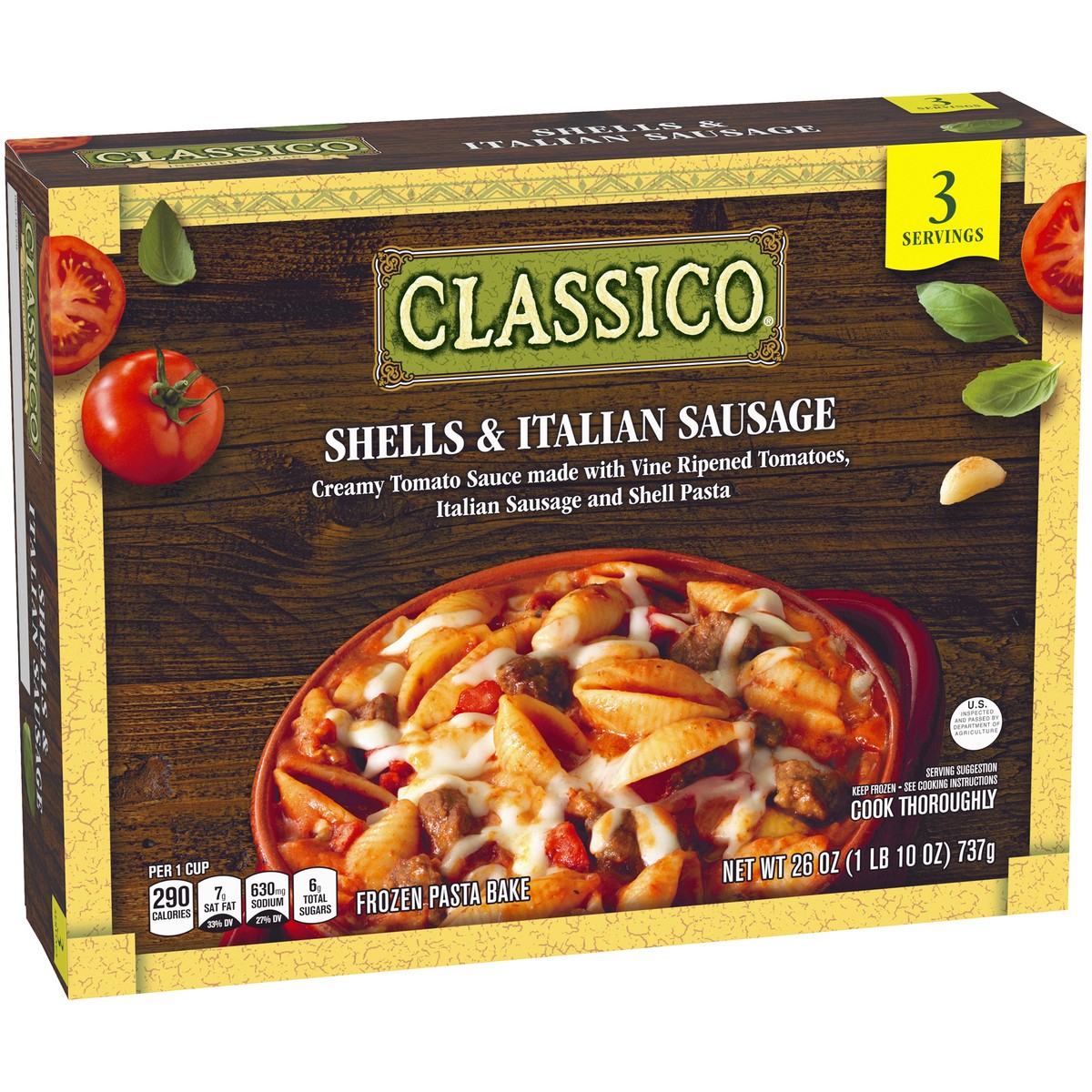 slide 4 of 14, Classico Shells & Italian Sausage Pasta Bake Multi-Serve Frozen Meal, 26 oz Box, 26 oz