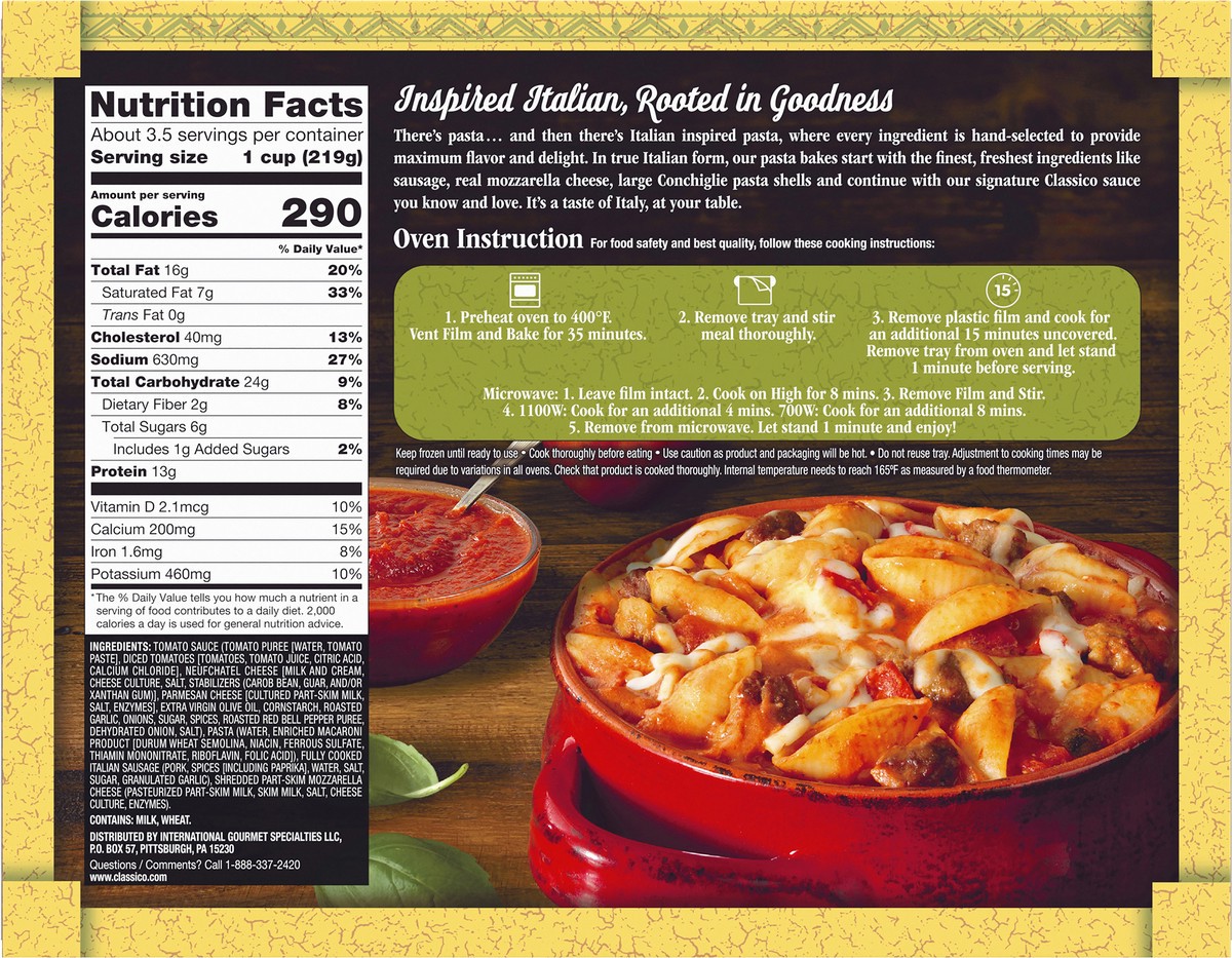 slide 7 of 14, Classico Shells & Italian Sausage Pasta Bake Multi-Serve Frozen Meal, 26 oz Box, 26 oz