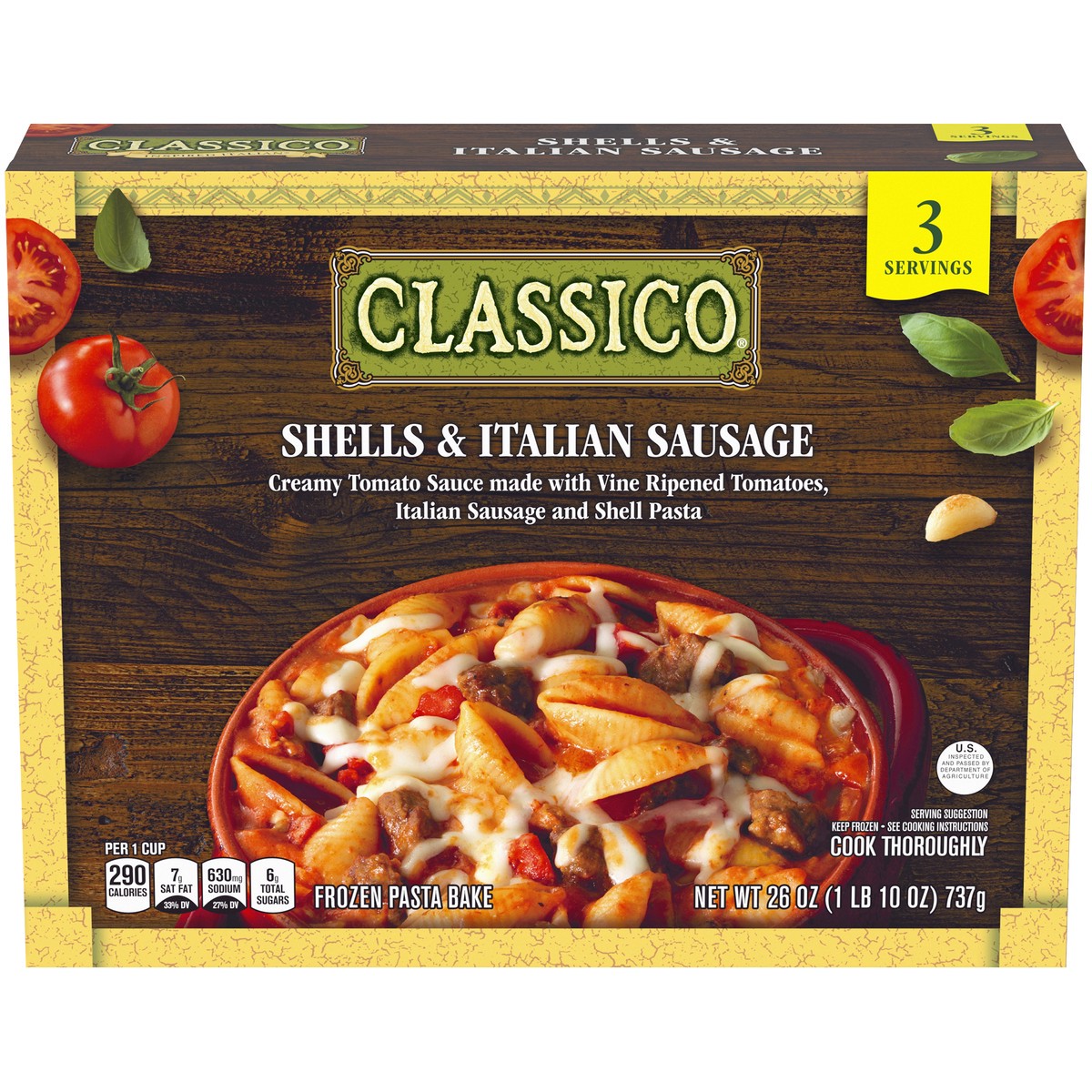 slide 1 of 14, Classico Shells & Italian Sausage Pasta Bake Multi-Serve Frozen Meal, 26 oz Box, 26 oz