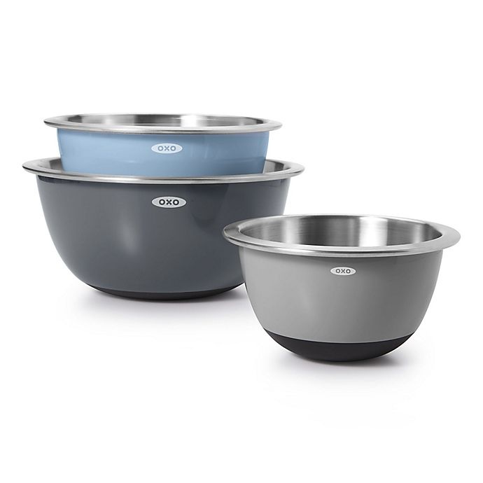 slide 2 of 8, OXO Stainless Steel Mixing Bowl Set - Grey/Blue, 3 ct