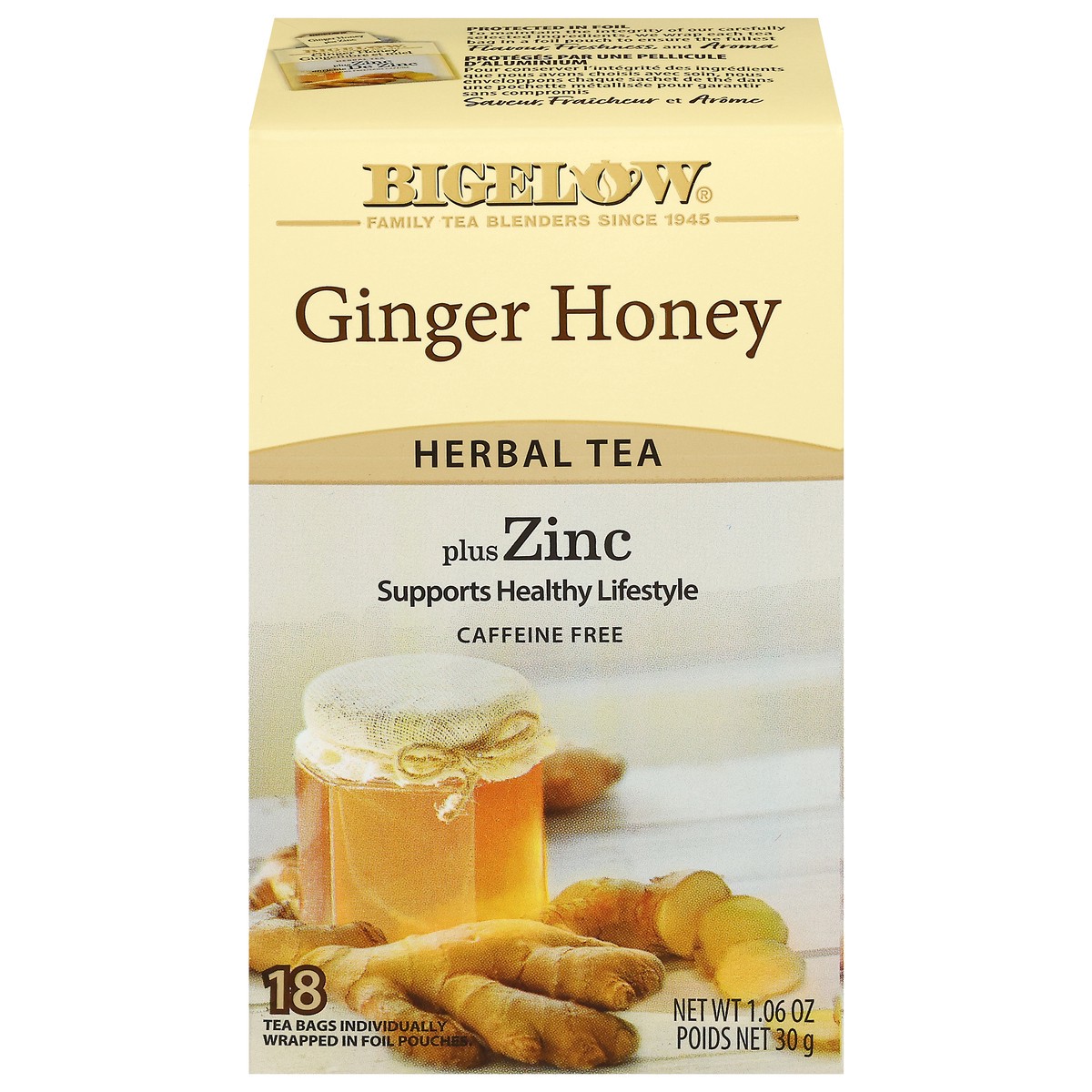 slide 1 of 12, Bigelow Ginger Honey plus Zinc Herbal Tea Caffeine Free 108 TB (case of 6 boxes), 18 ct