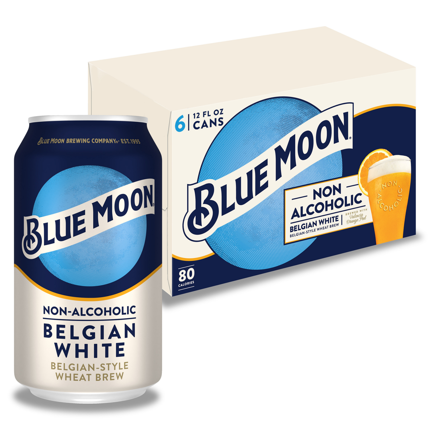 slide 1 of 1, Blue Moon Non Alcoholic Belgian Style Wheat Beer 0.45% 6 Pack, 12 fl oz Cans, 6 ct; 12 oz