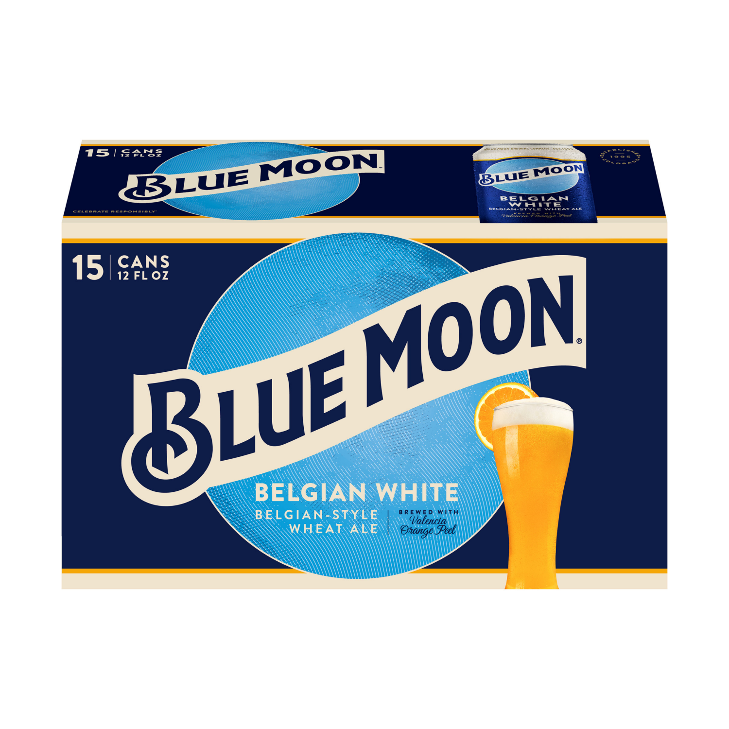 slide 6 of 7, Blue Moon Belgian White Wheat Beer, Craft Beer, Beer 15 Pack, 12 FL OZ Cans, 5.4% ABV, 15 ct; 12 oz